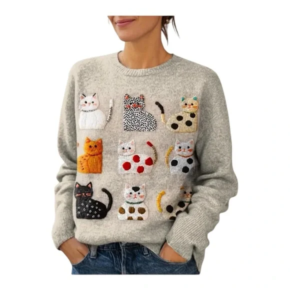 Gray Sweater with Colorful Cat Designs cozy winter sweater many sizes available - Picture 2 of 2
